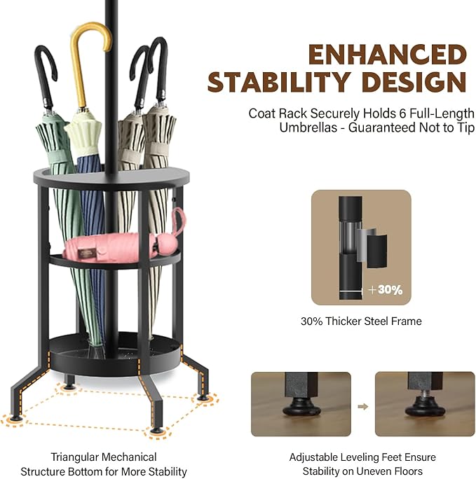 Coat Rack Freestanding, Coat Stand with Umbrella Holder, Metal Coat Tree with 12 Hooks, Coat Hanger Stand for Entryway, Coat Rack Stand for Bedroom, Living Room & Office