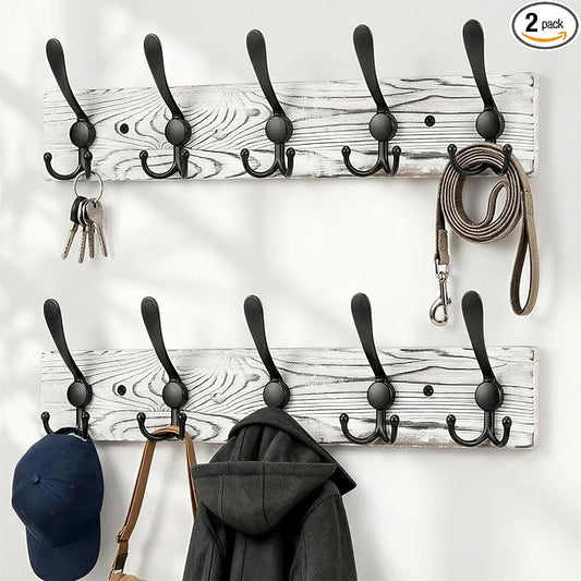 Wooden Coat Rack Wall Mount Heavy Duty, 2 Pack Coat Hanger Wall Mount with 5 Triple Hooks for Clothes, Jacket, Hat, Keys, Space Saving Entryway Organizer for Mudroom (Whte Plate & Black Hooks)