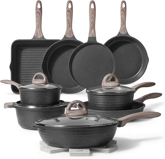 JEETEE Pots and Pans Set Non Stick 23pcs, Healthy Kitchen Cookware Sets, Induction Cooking Set W/Gray Frying Pans, Saucepans, Sauté & Griddle & Crepe Pan (PFOA, PFAS Free)