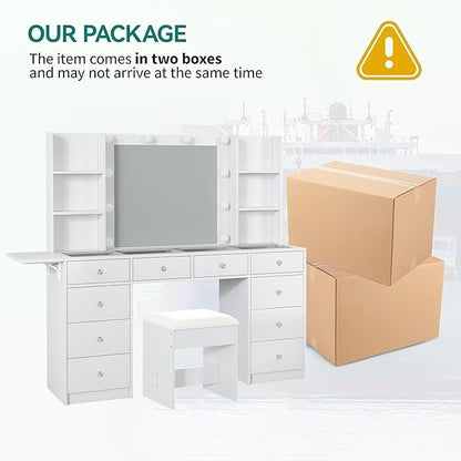 Vanity with Power Outlet, Vanity Desk with Mirror and 10 LED Lights, 10 Drawers Makeup Vanity with 6 Shelves, Fold-up Panel, Dressing Table for Bedroom, White