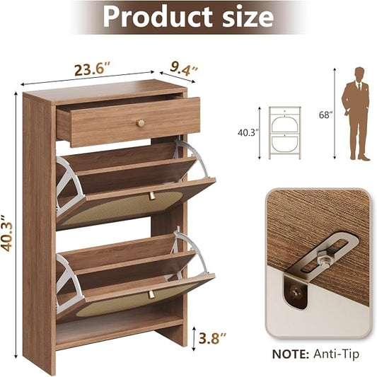 Nicetree Shoe Cabinet for Entryway, Slim Shoe Rack with 2 Flip Drawers and Top Storage Drawer, Narrow Shoe Organizer with Printed Rattan-Look Design, Entryway Shoe Storage for Size 12 Shoes, Caramel