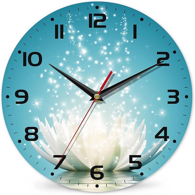 Magic Lotus Flower Vintage Wooden Silent Non-Ticking Battery Operated Arabic Numerals Wall Clock - Decorative for Kitchen, Office, Classroom - 10 Inch