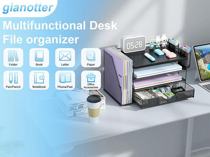 gianotter Wood Desk Organizers and Accessories with File Holder, 4-Tier Desk Accessories & Workspace Organizers with Drawer and 2 Pen Holder, Desk Reference Organizer (Black, 4T with Metal Drawer)