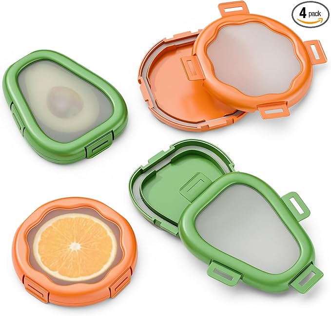 Reusable Avocado Food Saver and Orange Fruit Containers - Fridge Pods Storage Box Made of Silicone for Your Vegetables and Fruits like Onions, Tomatos and Lemons (4 PCS)