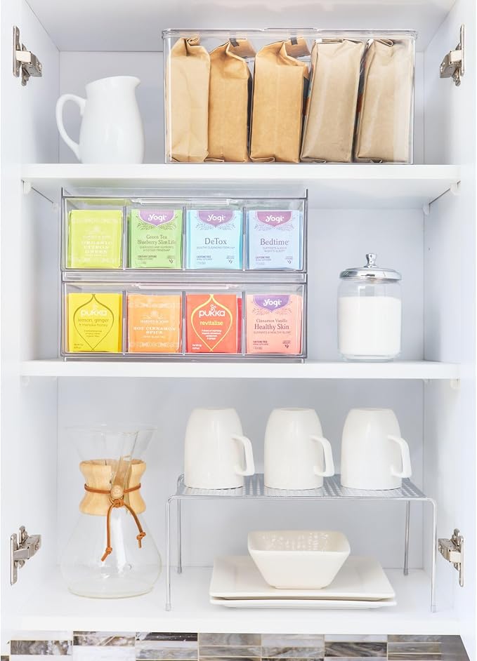 iDesign XL Tea Bag Organizer for Counter, 4-Section Clear Stackable Tea Storage Drawer for Cabinet