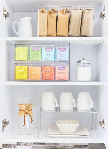 iDesign XL Tea Bag Organizer for Counter, 4-Section Clear Stackable Tea Storage Drawer for Cabinet