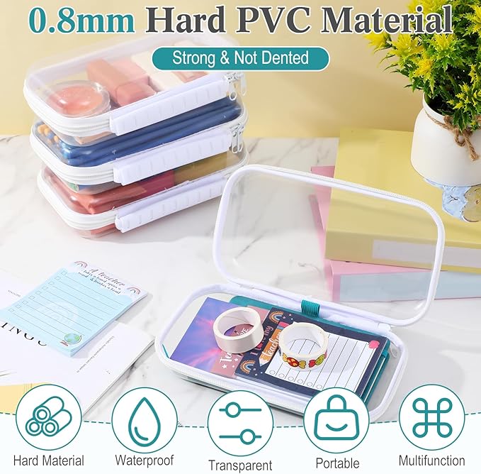 Sanwuta 4 Pcs Clear Hard Zipper Case with Handle Office Storage Cases Hard Plastic Pouches Transparent Bins for Crafts, Snacks, Cosmetics, Puzzles(7.5 x 4 x 2 Inches,White)