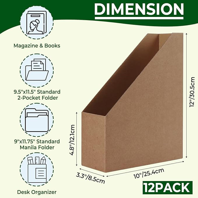 EXYGLO 12 Pack Brown Magazine File Holder, Cardboard Magazine Rack with Label, Foldable Storage Organizer Box for Book, Documents, 10x3.3x12 Inches