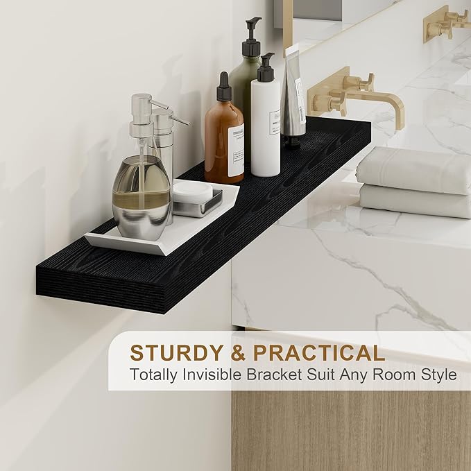 Fun Memories Floating Shelves for Wall, 48Inch Floating Shelves Set of 2, Hanging Shelf with Invisible Brackets, Wood Shelves for Living Room, Bedroom, Kitchen, Black
