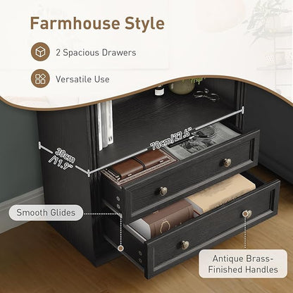 Farmhouse Arched Bookshelf, 7 Tiers Arch Bookcase with 2 Spacious Drawers, Modern Book Shelf with Open Display Shelves and Storage Cabinet, for Office, Living Room, Kitchen, Black