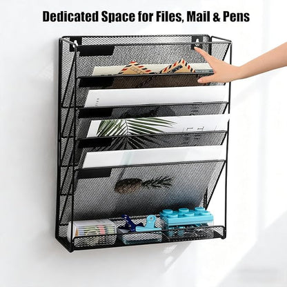 1 Pcs 6-Tier Magnetic File Holder, No Drilling Magnetic File Organizer, Black Large Capacity Wall File Holder for File Cabinets, Office, Whiteboard, Magnetic Mail Holder