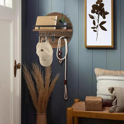 Key Holder for Wall with Shelf - Wood Mail Organizer and Rack with Shelf Hooks Wall Mounted for Entryway Decor Magazines Letter Storage Farmhouse Living Room Bedroom Doorway (Rustic Brown)