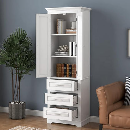 Polibi Tall Storage Cabinet with 3 Drawers, 3-Tier Adjustable Shelves & 2 Doors, Floor Freestanding Linen Cabinet for Bathroom, Living Room (White)