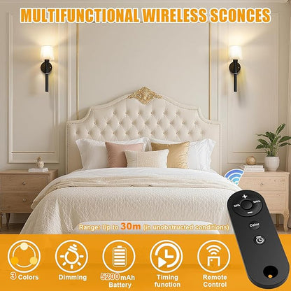 Rechargeable Wall Sconce Set of 2, Black Battery Operated Wall Sconce with Magnetic Rechargeable 5200mAh Battery Stick Dimmable and Remote, 3 Colors Wireless Lighting for Bedroom Hallway