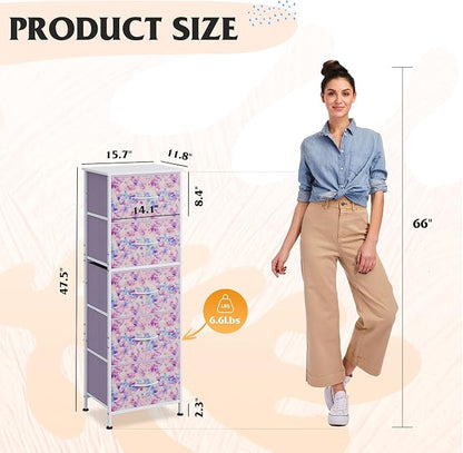 WLIVE Fabric Dresser, 5-Drawer Tall Dressers for Bedroom, Storage Dresser Organizer with Fabric Bins, Wood Top, Sturdy Steel Frame, Chest of Drawers for Closet, Tie-dye Print (Pink, Purple, Blue)