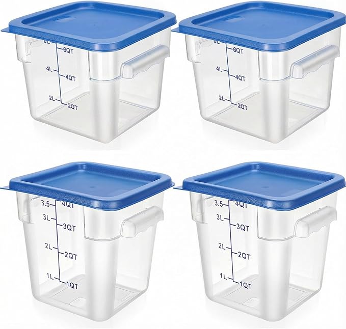 Lallisa 4 Pcs 8 Qt and 4 Qt Clear Food Storage Containers with Lids, Handles and Scales, Commercial Grade Square Containers Polycarbonate Air Tight for Home Storage Kitchen Restaurant (Blue)