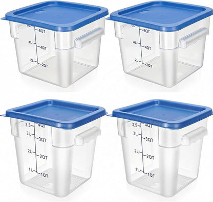 Lallisa 4 Pcs 8 Qt and 4 Qt Clear Food Storage Containers with Lids, Handles and Scales, Commercial Grade Square Containers Polycarbonate Air Tight for Home Storage Kitchen Restaurant (Blue)