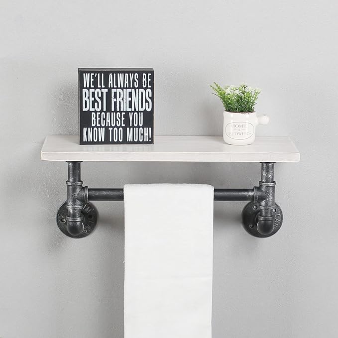 Industrial Pipe Shelf Bathroom Shelves Wall Mounted,19.6in Rustic Wood Shelf with Towel Bar,1 Tier Farmhouse Towel Rack Over Toilet,Pipe Shelving Floating Shelves Towel Holder,Retro White
