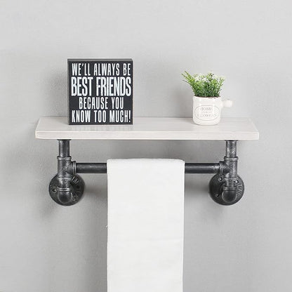 Industrial Pipe Shelf Bathroom Shelves Wall Mounted,19.6in Rustic Wood Shelf with Towel Bar,1 Tier Farmhouse Towel Rack Over Toilet,Pipe Shelving Floating Shelves Towel Holder,Retro White
