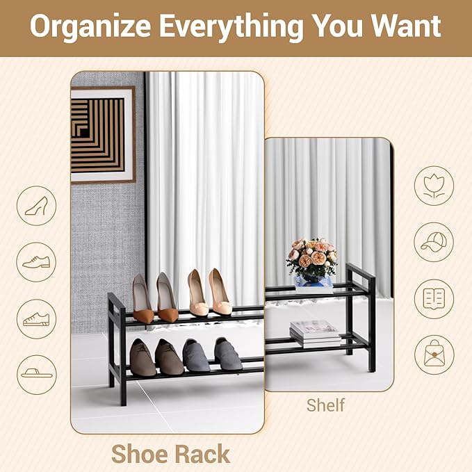 Haddockway Bamboo Shoe Rack for Closet, Free Standing Shoe Organizer with Smooth Round Rods & Convenient Handles, Stackable Shoe Storage Shelf for Entryway, Hallway(Black, 2-Tier)