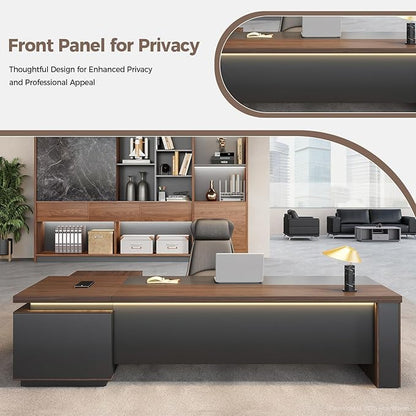 L-Shaped Executive Desk with LED Lights, Lockable Storage & 3-in-1 Charging Station, Reversible Cabinet, Modern Wood Office Desk for CEO, Manager & Home Office(Red Walnut+Black, 87"L*71"W*30"H)