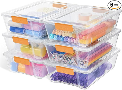 Sooez 6 Pack Pencil Boxes, New Extra Large Pencil Case, Stackable Crayon Pen Box, Clear Marker Organizer Craft Storage, Plastic Containers with Lids, Art Storage Box for School Supplies, Orange