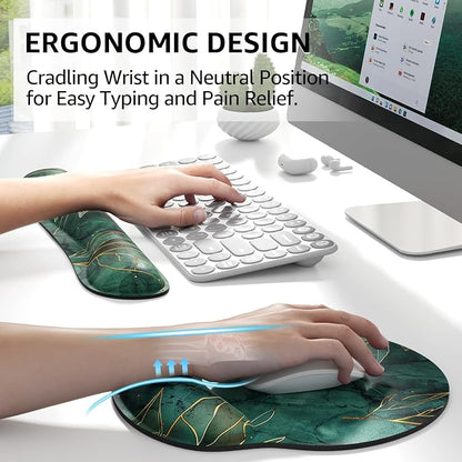 KTRIO Keyboard Wrist Rest & Mouse Pad with Wrist Rest Set, Green Leaves | Memory Foam Wrist Support, Ergonomic Design, Non-Slip Base, Office and Home Use