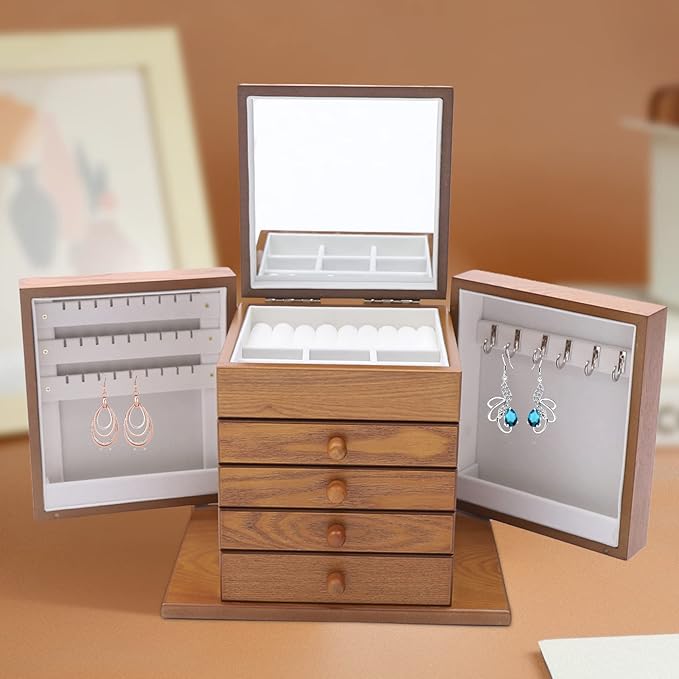 5-Layer Retro Jewelry Box Organizer with Mirror,Wooden Jewelry Chest for Women Girls, Jewellery Display Holder Organizer Box Case for Necklace Earrings Rings Bracelets, Gift for Festival