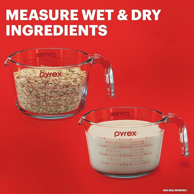 Pyrex Essentials (2-Pack) Glass Measuring Cups Set, (1 & 2 Cup) Measuring Cups For Prepping, Baking and Cooking, Preheated Oven, Dishwasher, Freezer, and Microwave Safe