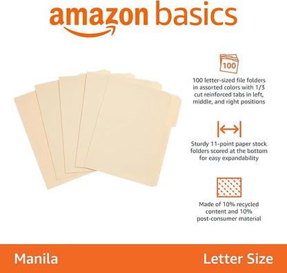 Amazon Basics Sturdy File Folders with Reinforced Tabs for Filing and Organization, 1/3-Cut Tab, Assorted Positions, Letter Size, 8.5x11 inches, Manila, 100-Pack