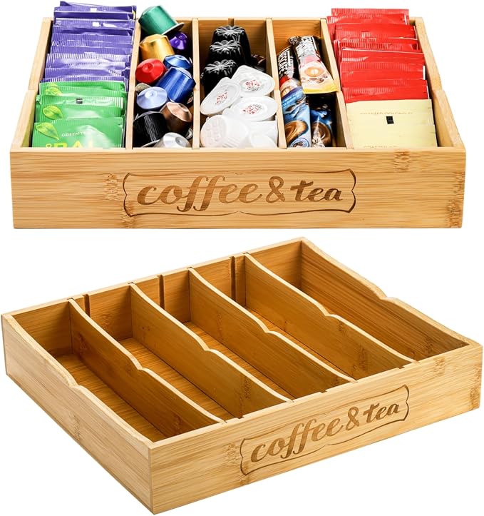 Lyellfe 2 Pack K Cup Holder for Drawers, Bamboo Tea Bag Organizer with Adjustable Dividers, Silverware Utensil Flatware Tray for Coffee Station Home Office, Kitchen