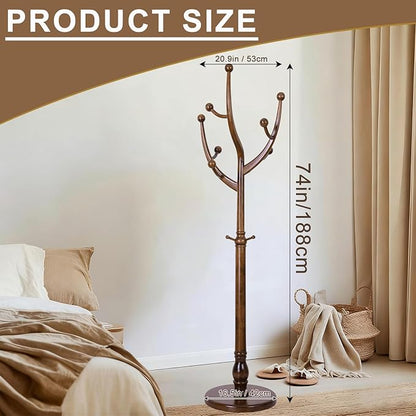 Solid Wooden Coat Rack Stand, Coat Racks Freestanding with 11 Hooks, Natural Birch Wood Coat stands with Sturdy Round Base, Tree Coat Hanger Standing for Entryway Bedroom Office (Tree Design1)