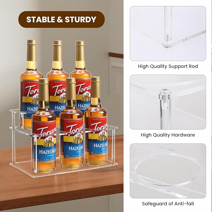 IEEK Coffee Syrup Rack Organizer 2-Tier 6 Syrup Bottles Holder Stand for Coffee Bar,Clear Acrylic Bottle Storage Shelf With Anti Slip Pad for Syrup/Wine/Kitchen Coffee Station,Countertop Wine Rack