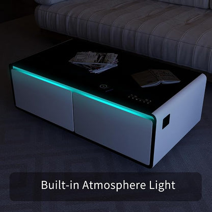 Smart Coffee Table with Fridge and Bluetooth, Smart Refrigerator Table with Dual Speakers, 15W Wireless Charger, Control Panel, Outlet Protection, USB Port, Atmosphere Light, LT135 Pro-White