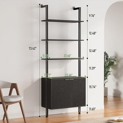 INNOD 74" Tall Bookshelf with Storage Cabinet, Modern Ladder Shelf with Wood and Metal Frame, Wall Mount Bookcase Open Display Shelf Furniture for Living Room, Bedroom, Home Office，Black