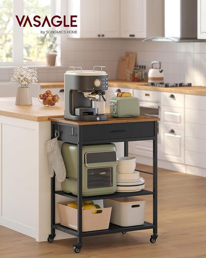 VASAGLE Kitchen Rolling Island, Mobile Kitchen Cart with Storage on Wheels, 17.7 x 23.6 x 35.4 Inches, Drawer, 2 Hooks, for Dining Room, Rustic Brown and Ink Black UKKI007KD01