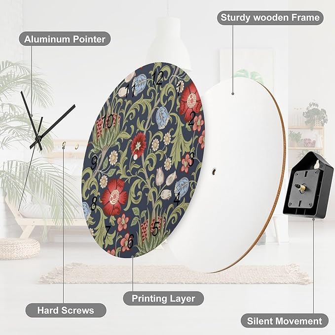 Retro Floral Wall Clock Silent Non Ticking Battery Operated, Vintage William Morris Style Blue Garden Plants Herbs Red Flowers Clock Decorative for Bathroom Kitchen Bedroom Living Room(12 Inch)