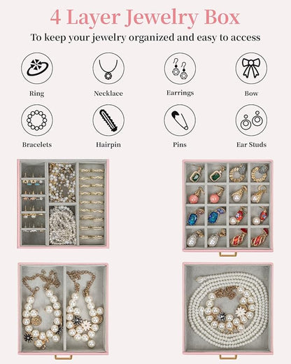 TORIBIO Jewelry Box for Women, Leather Jewelry Organizer with Mirror & Lock, 4-Tier Jewelry Storage Organizer with 3 Drawers for Girls/Women/Mothers, Necklace Earring Bracelets Holder Organizer