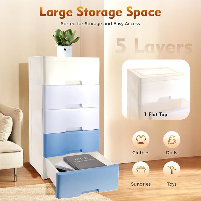 Plastic Dresser for Bedroom with 5 Drawers,Stackable Vertical Storage Tower, Small Dresser Chest of Drawers, Mobile Drawer Storage Cabinet with Wheels for Hallway Entryway,Bedroom Furniture (Blue)