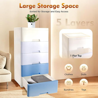 Plastic Dresser for Bedroom with 5 Drawers,Stackable Vertical Storage Tower, Small Dresser Chest of Drawers, Mobile Drawer Storage Cabinet with Wheels for Hallway Entryway,Bedroom Furniture (Blue)