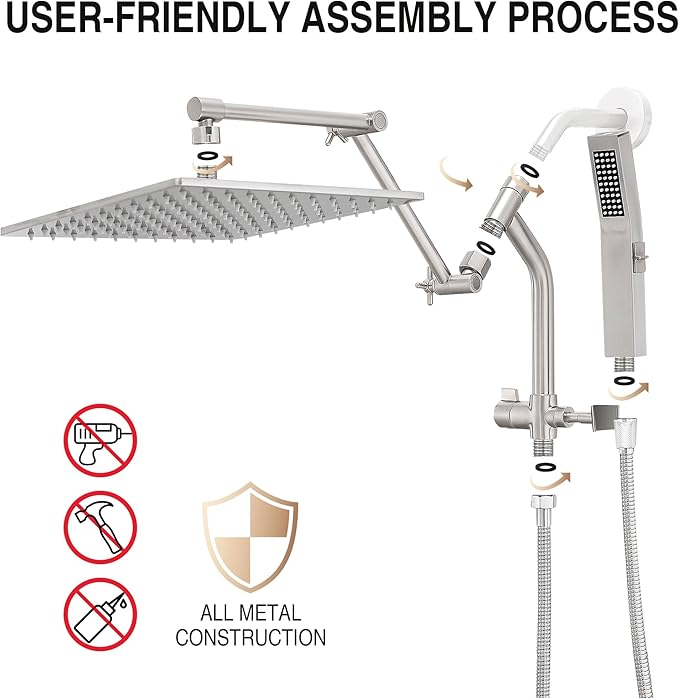 All Metal 10 Inch Rain Shower Head with Handheld Built-in Power Wash Mode, High Pressure Waterfall Rainfall Square Shower Heads with 16" Adjustable Extension Arm, Dual Showerhead(Brushed Nickel)