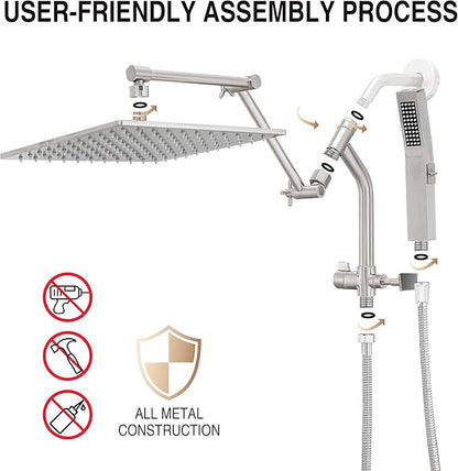 All Metal 10 Inch Rain Shower Head with Handheld Built-in Power Wash Mode, High Pressure Waterfall Rainfall Square Shower Heads with 16" Adjustable Extension Arm, Dual Showerhead(Brushed Nickel)