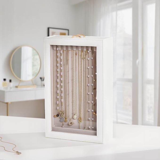 Lolalet Necklace Organizer Box, Jewelry Storage Box with Clear Window for Necklaces Bracelets, Tangle-Free Necklace Display Case for Women Girls, White, 2 Layers 20 Hooks