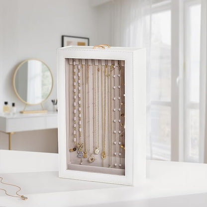Lolalet Necklace Organizer Box, Jewelry Storage Box with Clear Window for Necklaces Bracelets, Tangle-Free Necklace Display Case for Women Girls, White, 2 Layers 20 Hooks