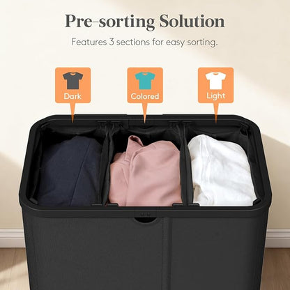 Lifewit 185L 3 Section Laundry Hamper with Lid, Large Laundry Basket with Handles and Removable Bags, Tall Clothes Hamper, Foldable Laundry Sorter for Bedroom Bathroom, Black
