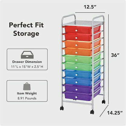 Display By Jack 10-Drawer Rainbow Storage Cart with Top Shelf, Color-Coded Organizer on Locking Wheels, Slim 36" Chrome Frame for Classroom, Art Studio, Home, or Office