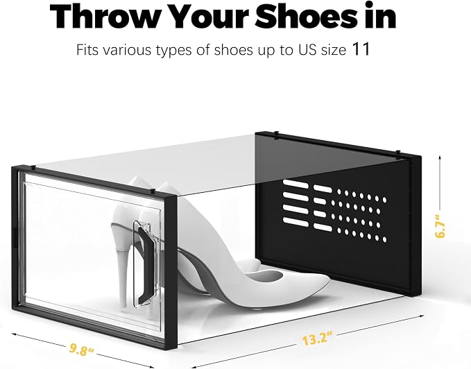 SEE SPRING X-Large Shoe Storage Box Fit Size 11, Clear Plastic Stackable Shoe Organizer for Closet, Space Saving Sneaker Shoe Rack Containers Bins Holders for Entryway, Under Bed, 12 Pack Black