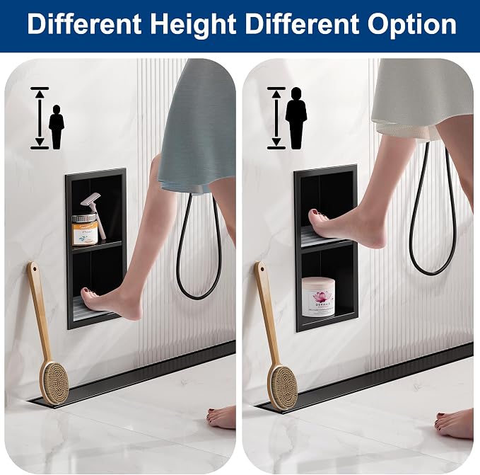 Qeke Shower Foot Rest for Shaving Legs, 304 Stainless Steel Footrest Niche with Shaving Holder, Recessed Shower Niche for Shaving Legs, Matte Black, 5.9" X 12.3"