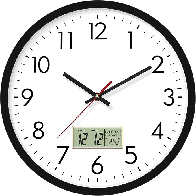 Lumuasky Wall Clock Digital 12" Non-Ticking Silent Battery Operated Analog with LCD Display for Perpetual Calendar and C° Temperature, Ideal Modern Home, Bedroom, Kitchen, Office Decor