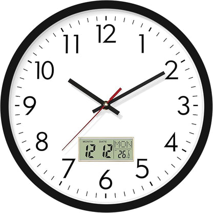 Lumuasky Wall Clock Digital 12" Non-Ticking Silent Battery Operated Analog with LCD Display for Perpetual Calendar and C° Temperature, Ideal Modern Home, Bedroom, Kitchen, Office Decor
